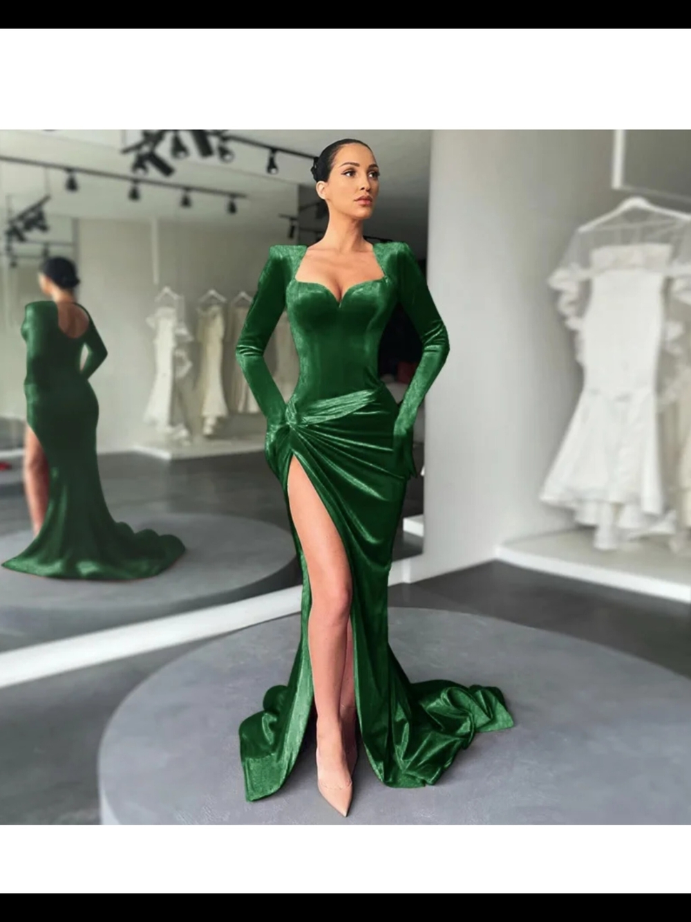 Emerald Green Long Sleeve Velvet Gown with Thigh Slit